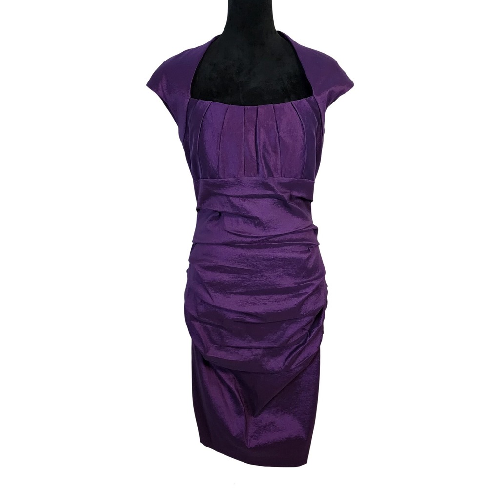 JAX Size 12‎ Purple Brushed Satin Queen Anne Ruched Cocktail Party Formal Dress